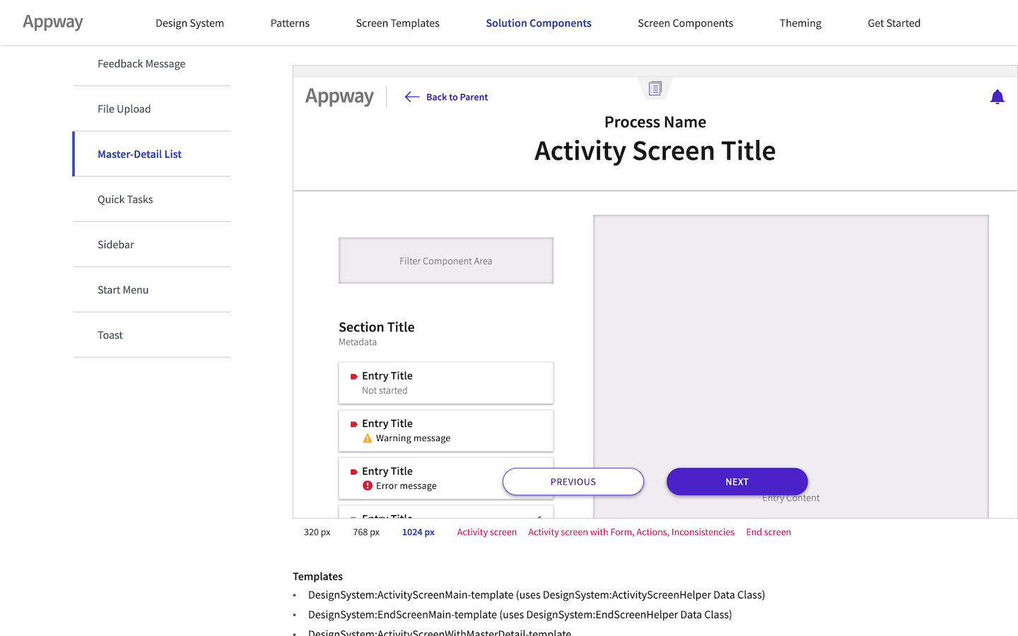 Activity screen template & master-detail documentation