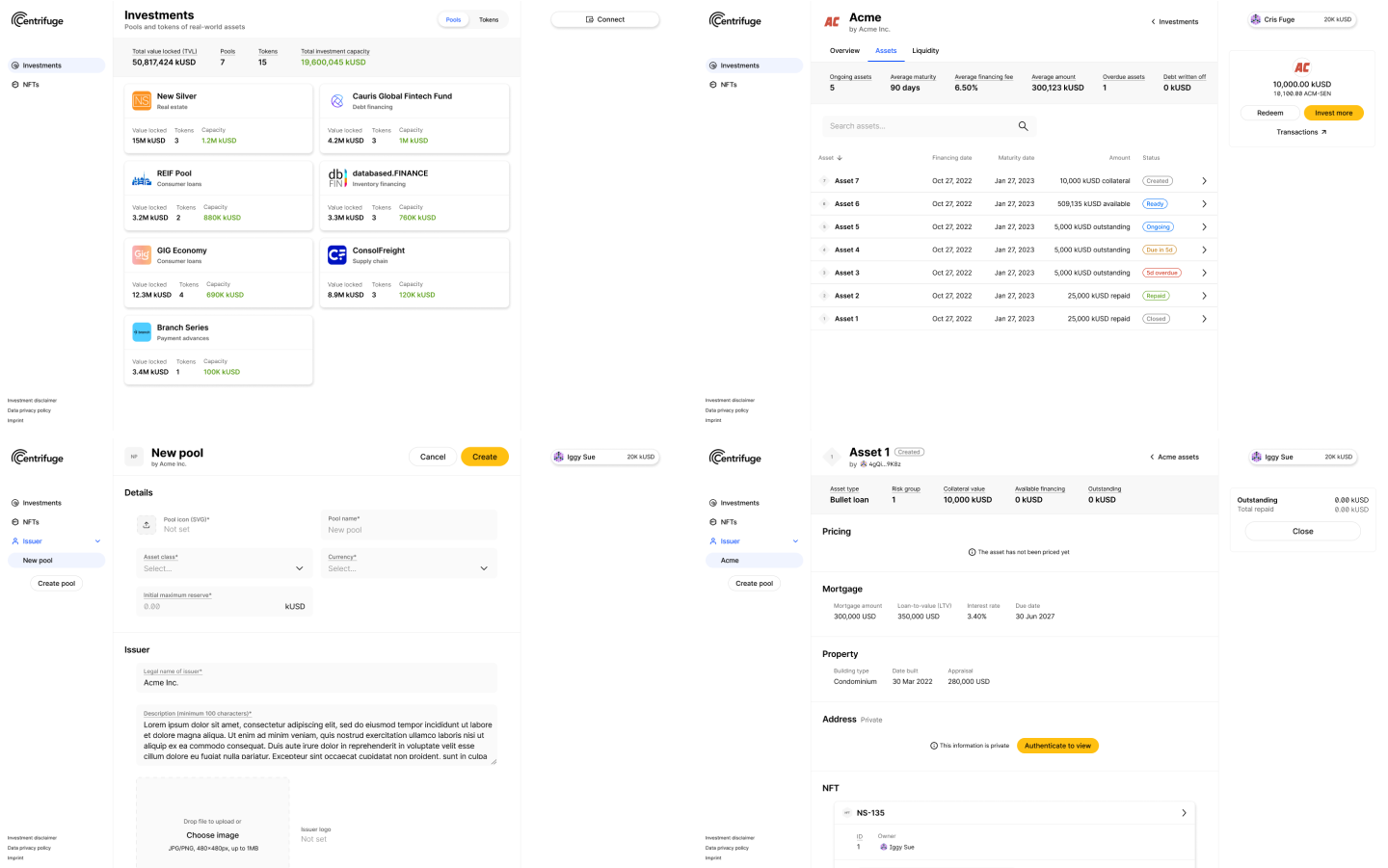 Main views (clockwise): Investment menu, pool detail, asset detail, create pool
