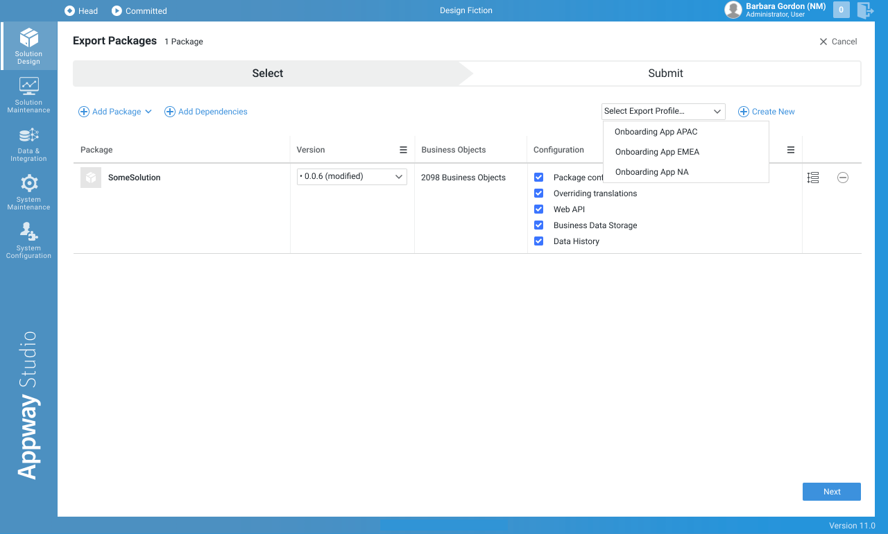 Select export profile